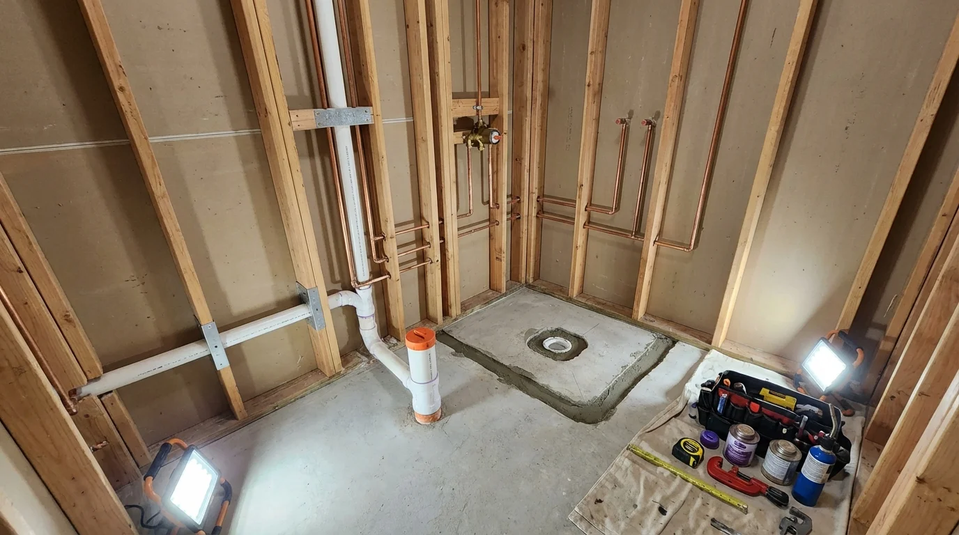 Bathroom rough-in plumbing during remodel by Johns Plumbing LLC in Kechi