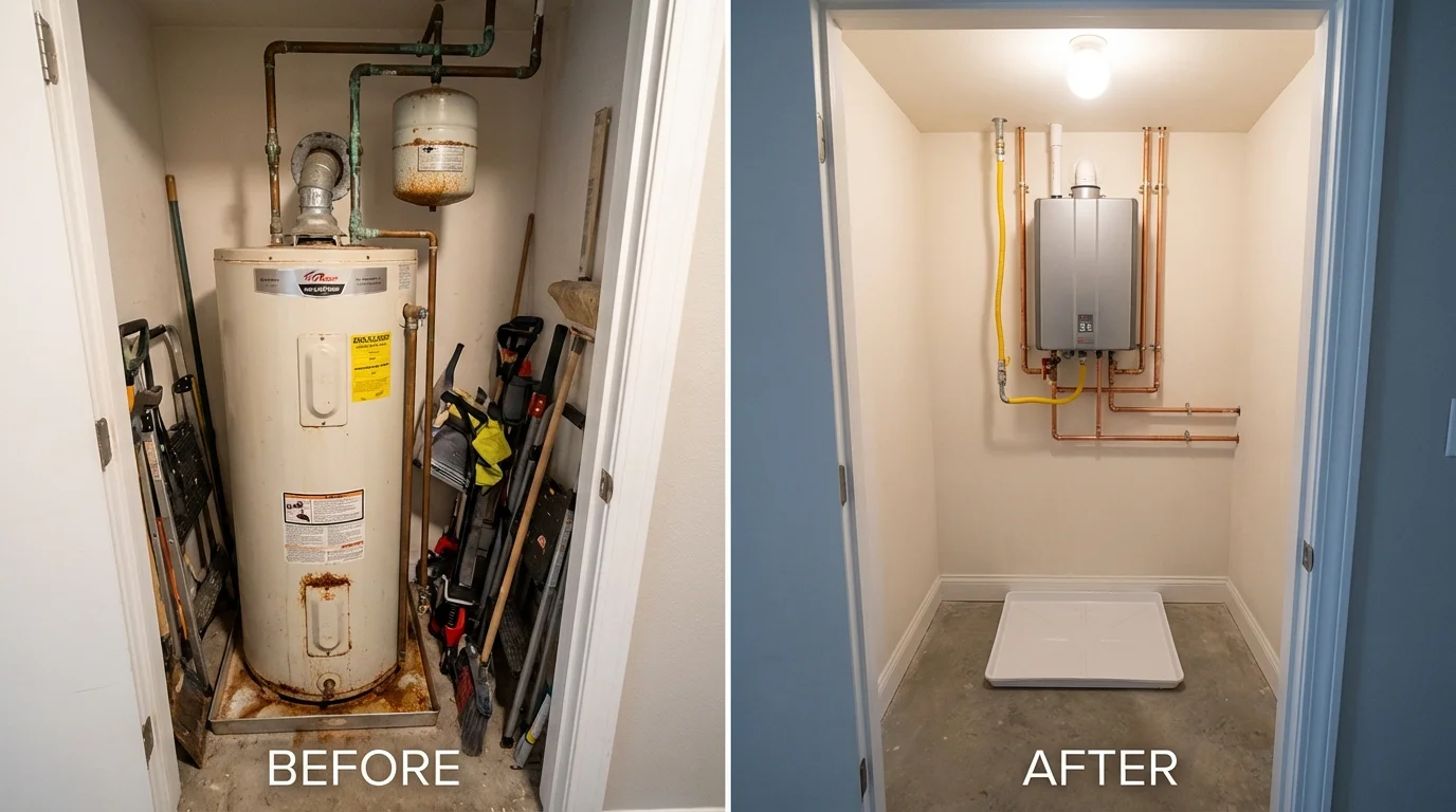 Tank water heater versus wall-mounted tankless unit comparison for Kechi, KS homeowners