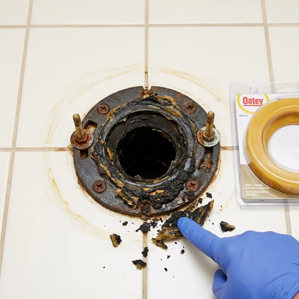 Failed wax ring showing water seepage at the base of a toilet in a Kechi, KS home