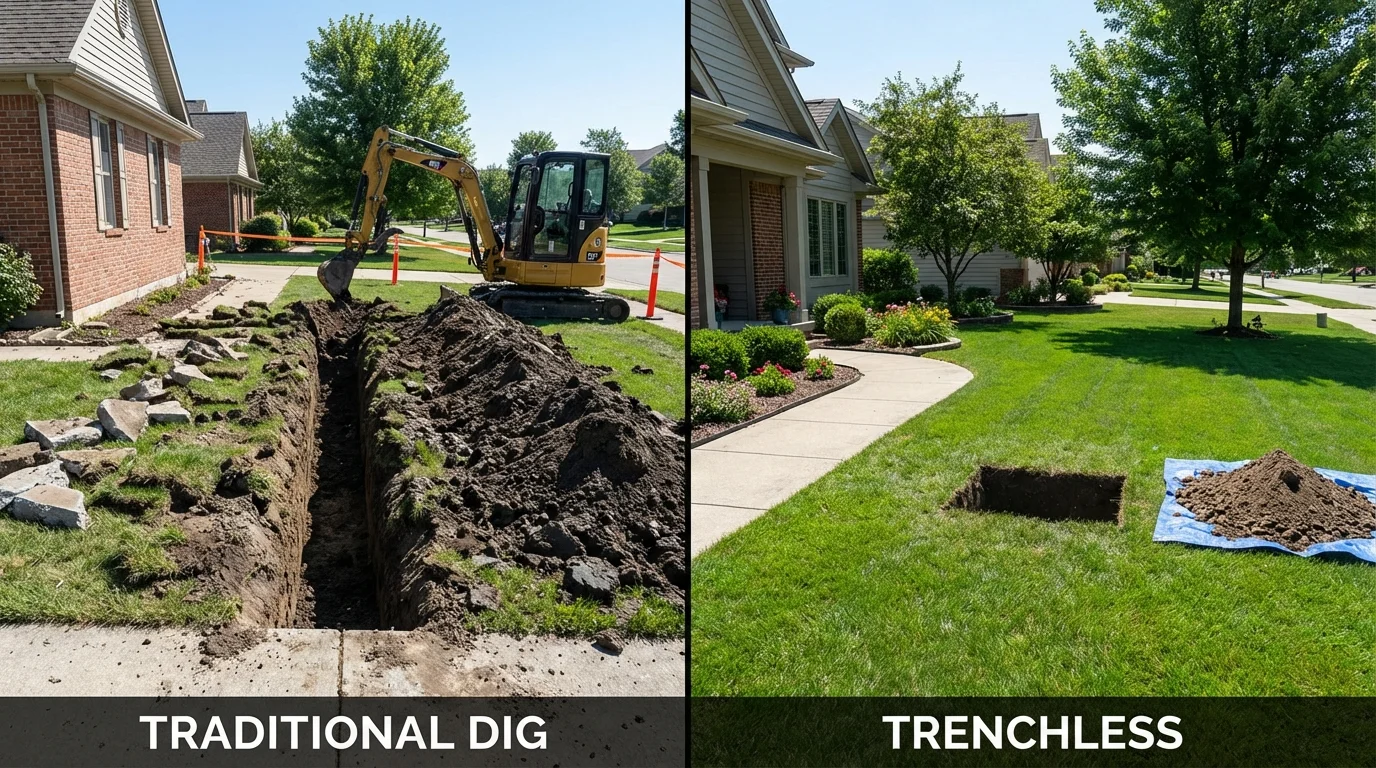 Trenchless sewer repair with minimal yard damage versus traditional excavation in Kechi, KS